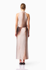 Brunette model wearing  Orielle Top & Skirt Set in Brown Back Shot