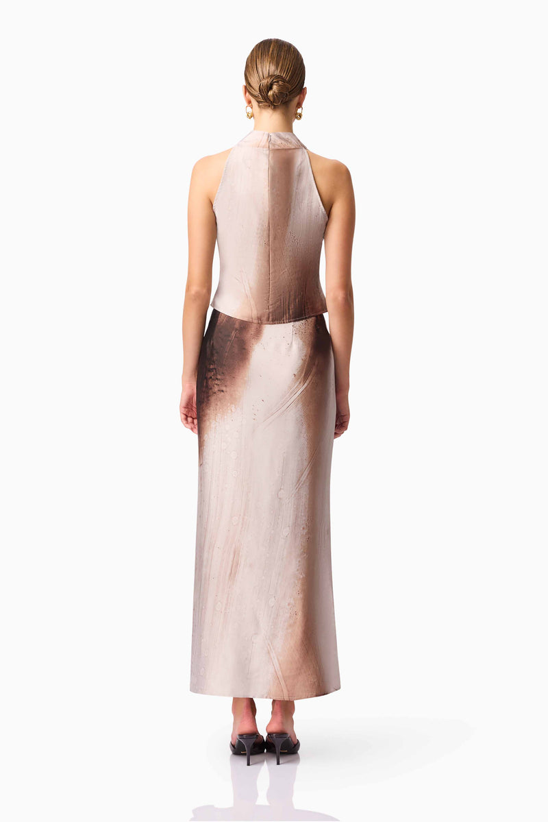 Brunette model wearing  Orielle Top & Skirt Set in Brown Back Shot