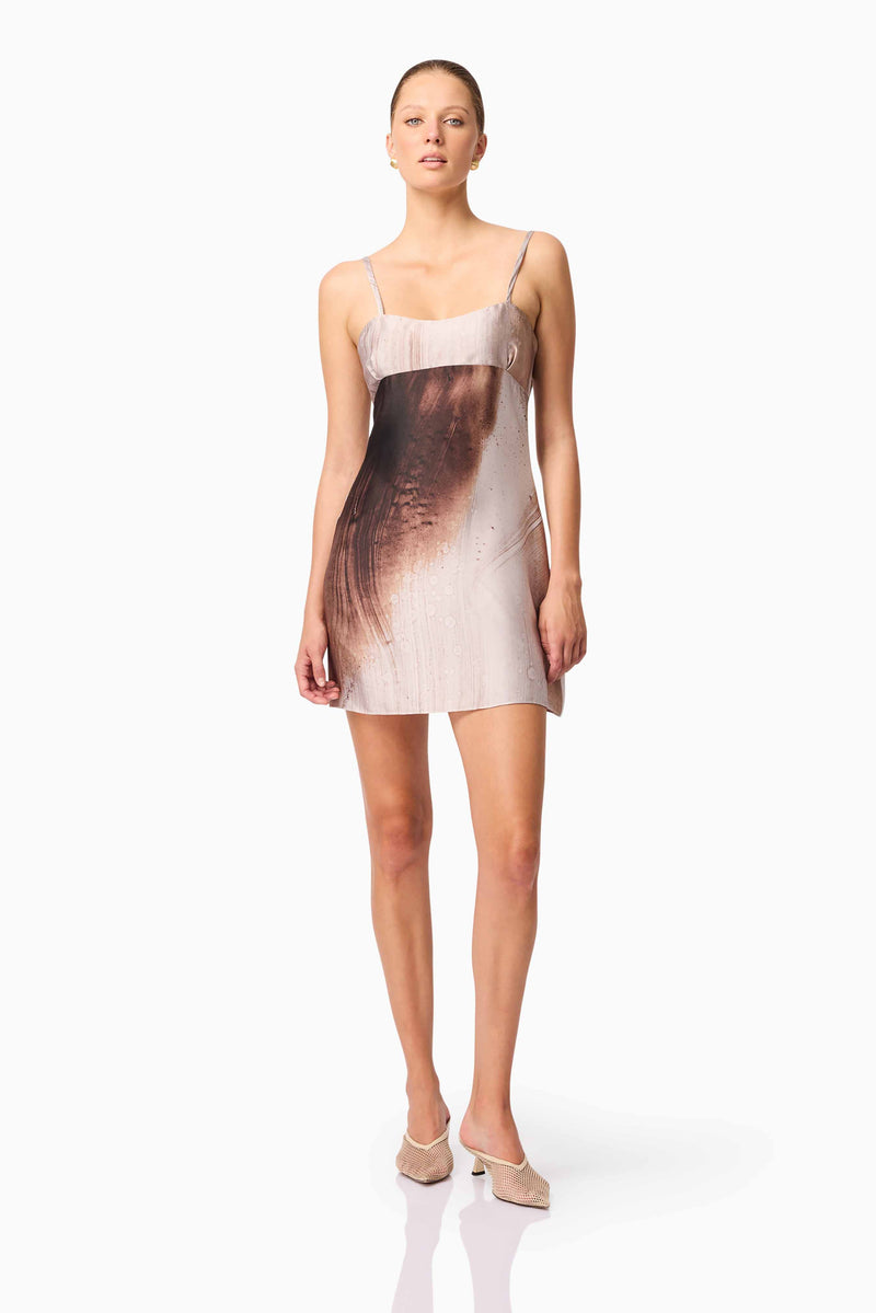 Brunette model wearing Oriellie Sleeveless Mini Dress in Print Posed Shot