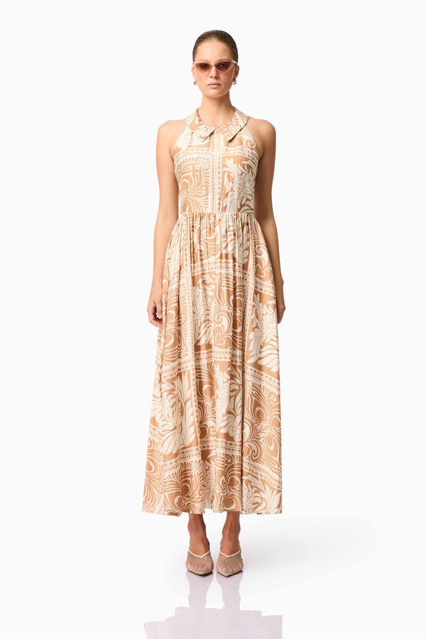 Brunette model wearing Sandi Collar Midi Dress in Orange Front Shot