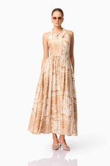 Brunette model wearing Sandi Collar Midi Dress in Orange Pose Shot