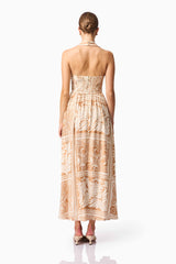 Brunette model wearing Sandi Collar Midi Dress in Orange Back Shot