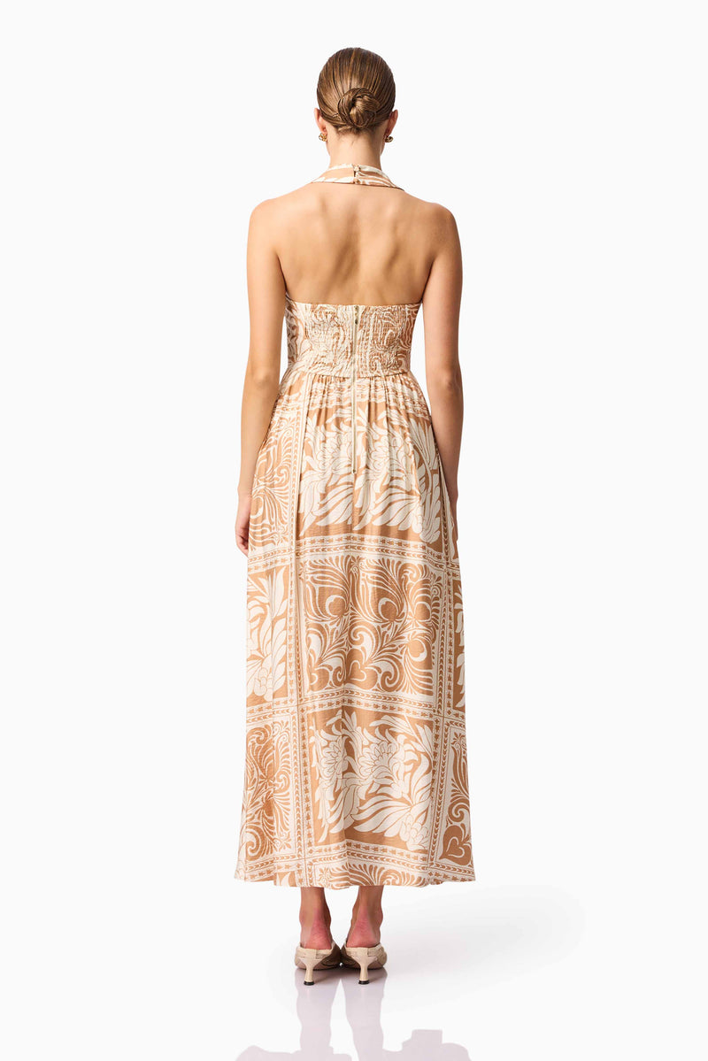 Brunette model wearing Sandi Collar Midi Dress in Orange Back Shot