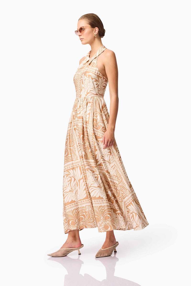 Brunette model wearing Sandi Collar Midi Dress in Orange Pose Side Shot