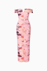 Venetta Off Shoulder Maxi Dress in Pink Floral with off shoulder, bardot neckline ghost shot