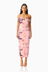 Venetta Off Shoulder Maxi Dress in Pink Floral with off shoulder, bardot neckline front shot