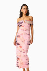 Venetta Off Shoulder Maxi Dress in Pink Floral with off shoulder, bardot neckline close up, posed shot