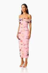 Venetta Off Shoulder Maxi Dress in Pink Floral with off shoulder, bardot neckline side shot