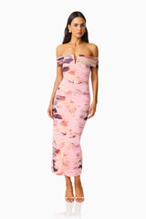 Venetta Off Shoulder Maxi Dress in Pink Floral with off shoulder, bardot neckline posed shot