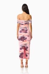 Venetta Off Shoulder Maxi Dress in Pink Floral with oopen back, zip up back shot