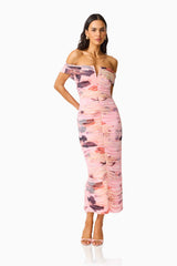 Venetta Off Shoulder Maxi Dress in Pink Floral with off shoulder, bardot neckline posed shot