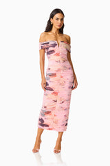 Venetta Off Shoulder Maxi Dress in Pink Floral with off shoulder, bardot neckline posed shot