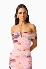 Venetta Off Shoulder Maxi Dress in Pink Floral with off shoulder, bardot neckline close up shot