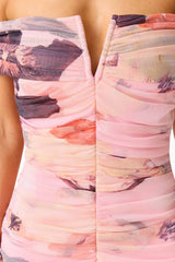 Venetta Off Shoulder Maxi Dress in Pink Floral with off shoulder, bardot neckline detail shot