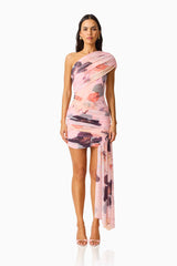 Venetta One Shoulder Mini Dress in Pink Floral Asymmetric one shoulder front shot