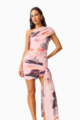 Venetta One Shoulder Mini Dress in Pink Floral Asymmetric one shoulder close up, posed shot