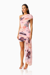 Venetta One Shoulder Mini Dress in Pink Floral Asymmetric one shoulder side shot