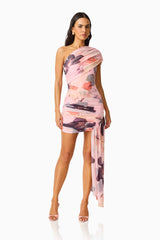 Venetta One Shoulder Mini Dress in Pink Floral Asymmetric one shoulder posed shot