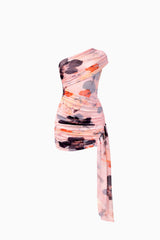 Venetta One Shoulder Mini Dress in Pink Floral Asymmetric one shoulder ghost shot