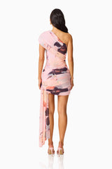 Venetta One Shoulder Mini Dress in Pink Floral Asymmetric, zip up back shot