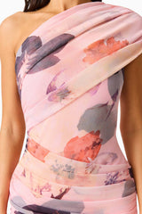 Venetta One Shoulder Mini Dress in Pink Floral Asymmetric one shoulder detail shot