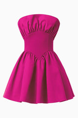 CURAAE Sabella Mini Dress in Magenta Pink with a strapless neckline ghost shot 