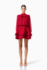 CURAAE Zanetta Long Sleeve Mini Dress in Berry Red with long sleeves and a tie neckline front shot