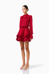 CURAAE Zanetta Long Sleeve Mini Dress in Berry Red with long sleeves and a tie neckline side shot