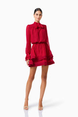 CURAAE Zanetta Long Sleeve Mini Dress in Berry Red with long sleeves and a tie neckline posed shot
