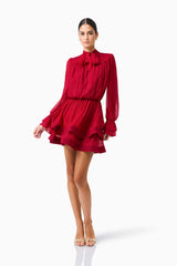 CURAAE Zanetta Long Sleeve Mini Dress in Berry Red with long sleeves and a tie neckline posed shot