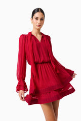 CURAAE Zanetta Long Sleeve Mini Dress in Berry Red with long sleeves and a tie neckline close up shot