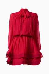 CURAAE Zanetta Long Sleeve Mini Dress in Berry Red with long sleeves and a tie neckline ghost shot