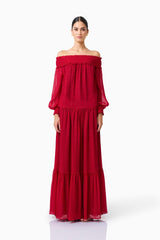 CURAAE Zanetta Off Shoulder Top & Maxi Skirt Set in Berry Red with long sleeves & off the shoulder neckline front shot