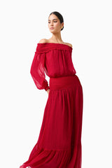 CURAAE Zanetta Off Shoulder Top & Maxi Skirt Set in Berry Red with long sleeves & off the shoulder close up front 