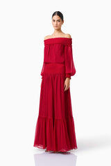 CURAAE Zanetta Off Shoulder Top & Maxi Skirt Set in Berry Red with long sleeves & off the shoulder side front 