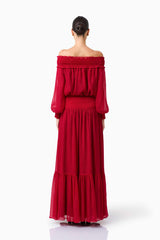 CURAAE Zanetta Off Shoulder Top & Maxi Skirt Set in Berry Red with long sleeves & off the shoulder back front 