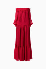 CURAAE Zanetta Off Shoulder Top & Maxi Skirt Set in Berry Red with long sleeves & off the shoulder neckline ghost shot 