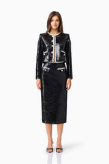 CURAAE Keira Sequin Set in Black with long sleeves & midi skirt front shot