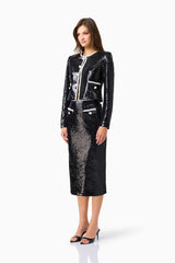 CURAAE Keira Sequin Set in Black with long sleeves & midi skirt side shot
