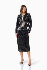 CURAAE Keira Sequin Set in Black with long sleeves & midi skirt posed shot