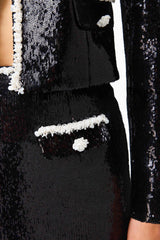 CURAAE Keira Sequin Set in Black with long sleeves & midi skirt detail shot