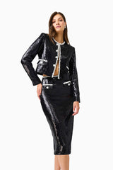 CURAAE Keira Sequin Set in Black with long sleeves & midi skirt close up shot