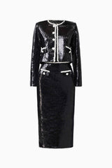 CURAAE Keira Sequin Set in Black with long sleeves & midi skirt ghost shot