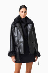 CURAAE Zayelle Jacket in Black with fur around the neck & cuffs close up shot 