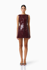 CURAAE Lorea Mini Dress in Burgundy with croc vegan leather fabrication front shot