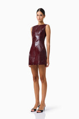 CURAAE Lorea Mini Dress in Burgundy with croc vegan leather fabrication side shot