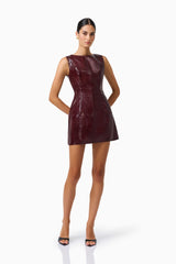 CURAAE Lorea Mini Dress in Burgundy with croc vegan leather fabrication posed shot