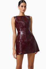 CURAAE Lorea Mini Dress in Burgundy with croc vegan leather fabrication side shot
