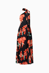 CURAAE Maelis Maxi Dress in Black & Red Floral with one shoulder & neck scarf ghost shot