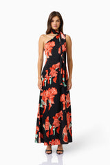 CURAAE Maelis Maxi Dress in Black & Red Floral with one shoulder & neck scarf front shot